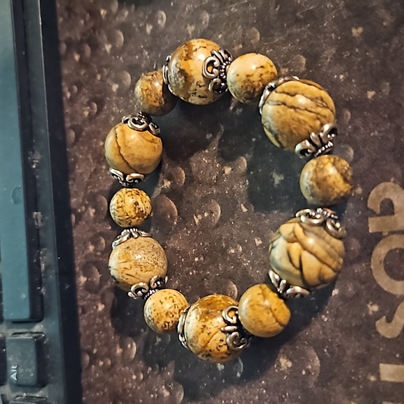 Agate Marble Stone Bracelet Silver Tone Spacers Stretch Design Brown Women's OS - Picture 2 of 3